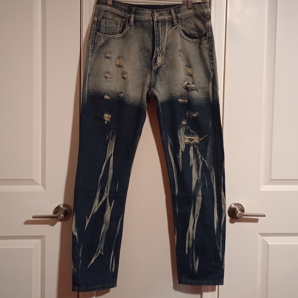 Men's Distressed Vintage Inspired Ripped Two Toned Jeans